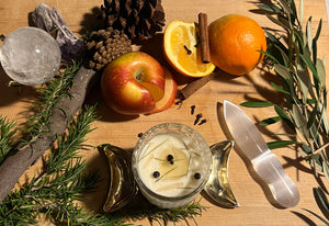 Winter Solstice & Yule Ritual Candle with Quartz and Herbs