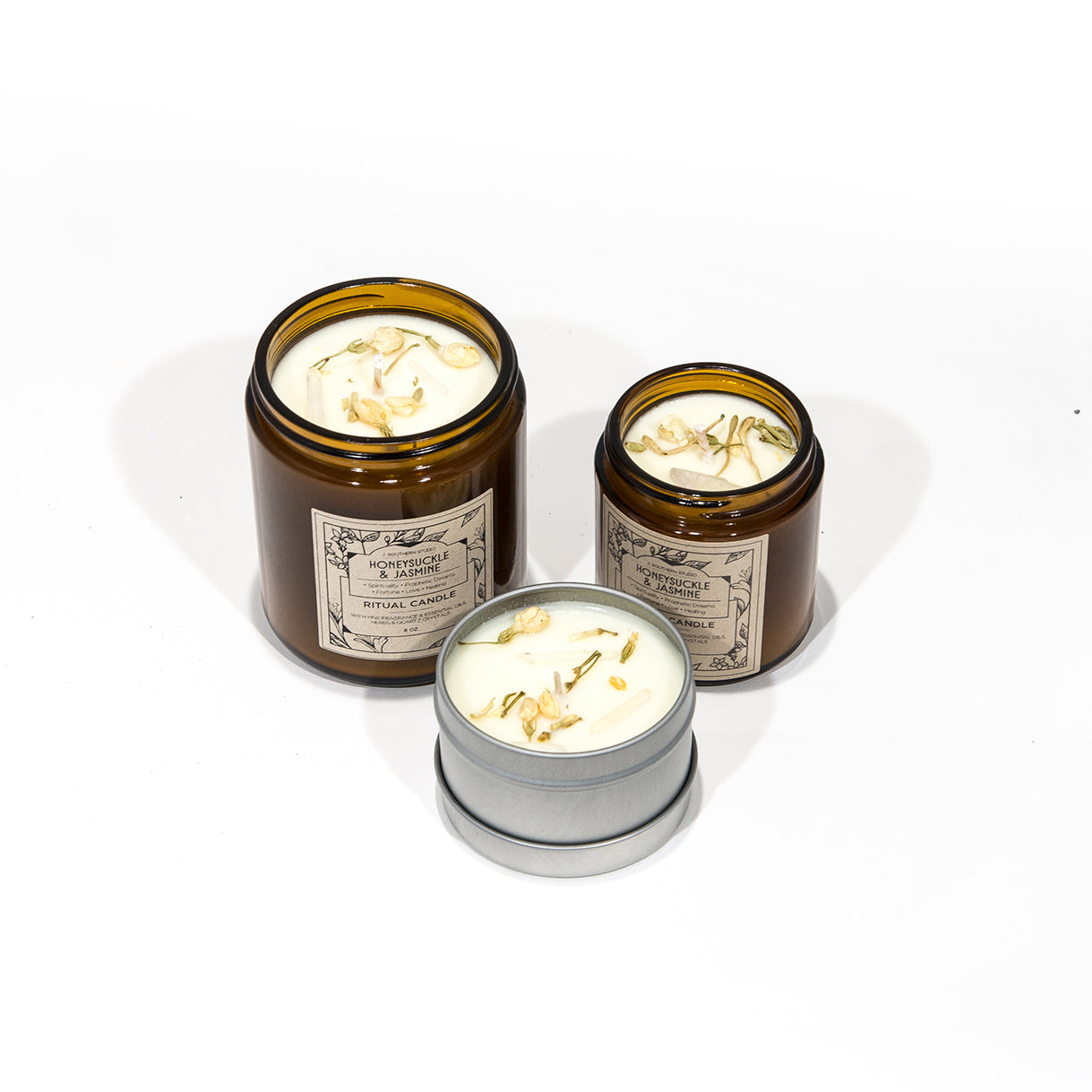 Honeysuckle Jasmine Ritual Candle with Quartz and Herbs